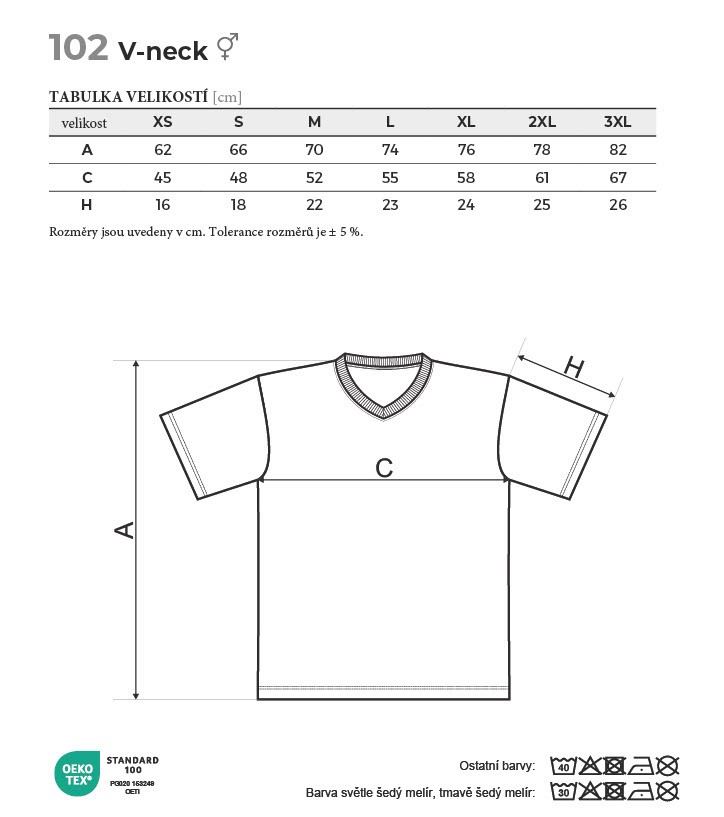 102 V-neck tričko unisex Tabulka velikostí